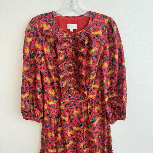 J. Crew Collection Dress Size 2 Silk Tiered Ruffle In Jungle Cat Print Midi Boho - Picture 7 of 16